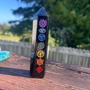 Chakra Obsidian Crystal Tower with Colorful Symbols